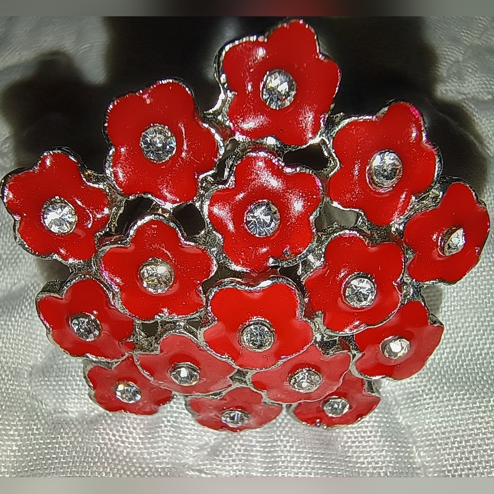 2 Vtg Silver-Tone Rings: *Orange Resin Dahlia & *Red Enamel Poppy Bouquet - Picture 9 of 10